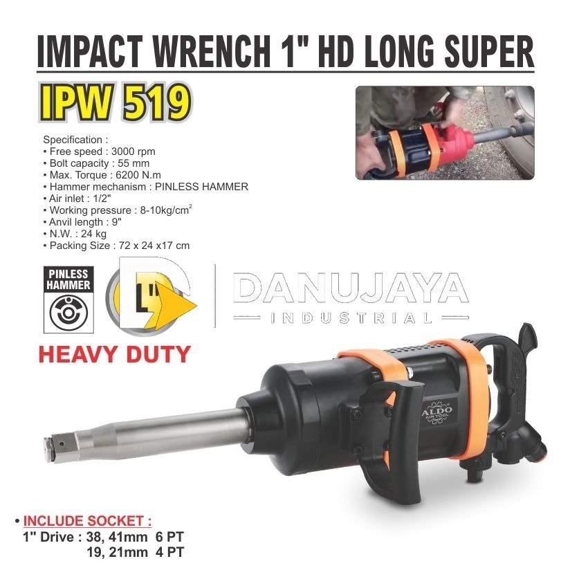 AIR IMPACT WRENCH 1” HD LONG SUPER IPW 519 / IMPACT WRENCH / MESIN PEMBUKA BAUT PAKAI ANGIN / IMPACT ANGIN PEMBUKA BAUT MERK ALDO