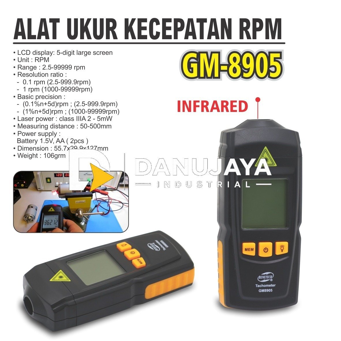 ALAT UKUR KECEPATAN PUTARAN RPM GM-8905 / LCD DIGITAL TACHOMETER MERK ALDO