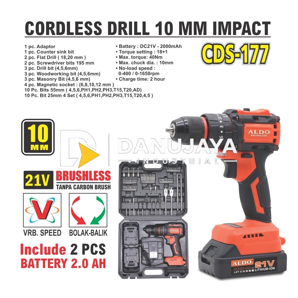 CORDLESS DRILL 10 MM IMPACT CDS-177 / MESIN BOR BATERAI CORDLESS 10 MM IMPACT / BOR BATERAI BRUSHLESS / BOR IMPACT TANPA KABEL / MESIN BOR 10 MM BATERAI IMPACT MERK ALDO