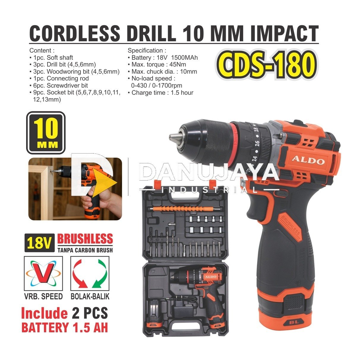 CORDLESS DRILL 10 MM IMPACT CDS-180 / MESIN BOR IMPACT BATERAI / MESIN BOR TANPA KABEL / BOR BATERAI TANGAN MERK ALDO