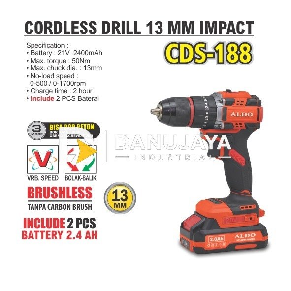 CORDLESS DRILL IMPACT 13 MM CDS-188 / MESIN BOR 13 MM IMPACT BATERAI / BOR BATERAY / BOR IMPACT / MESIN BOR LISTRIK TANPA KABEL MERK ALDO