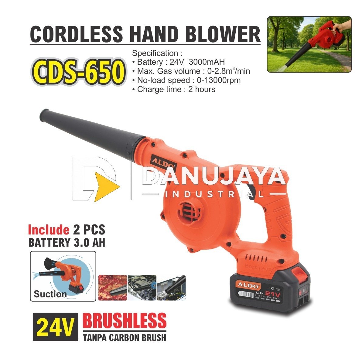 CORDLESS HAND BLOWER CDS-650 ( BRUSHLESS ) / BLOWER KEONG TANGAN TANPA KABEL / MESIN BLOWER BATERAI / VACUUM BLOWER KEONG BATERAI MERK ALDO