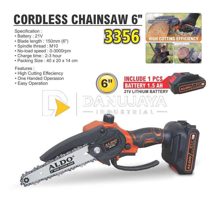 CORDLESS MINI CHAINSAW 6" CDS-3356 / MESIN GERGAJI POTONG KAYU TANPA KABEL / GERGAJI PEMOTONG KAYU MINI BATERAI MERK ALDO