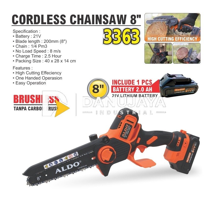 CORDLESS MINI CHAINSAW 8" HD CDS-3363 / MESIN GERGAJI POTONG KAYU TANPA KABEL / GERGAJI PEMOTONG KAYU MINI BATERAI MERK ALDO
