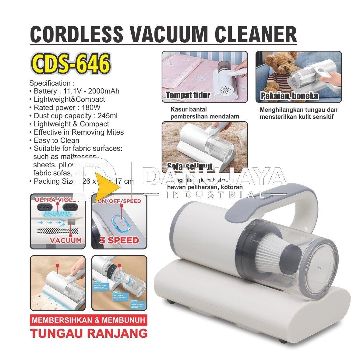 CORDLESS VACUUM CLEANER TUNGAU RANJANG CDS-646 / DUST MITE CONTROLLER / VAKUM PENGHILANG TUNGAU DAN BAKTERI / VAKUM PEMBERSIH KASUR DAN SOFA MERK ALDO