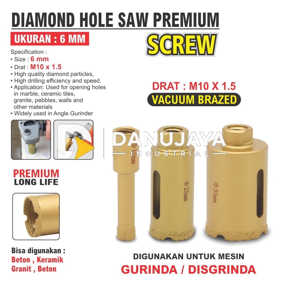 DIAMOND VACUUM HOLE SAW SCREW / MATA GURINDA GRANIT / MATA BOR UNTUK DISGRINDA DISGRINDER GRANIT MERK ALDO