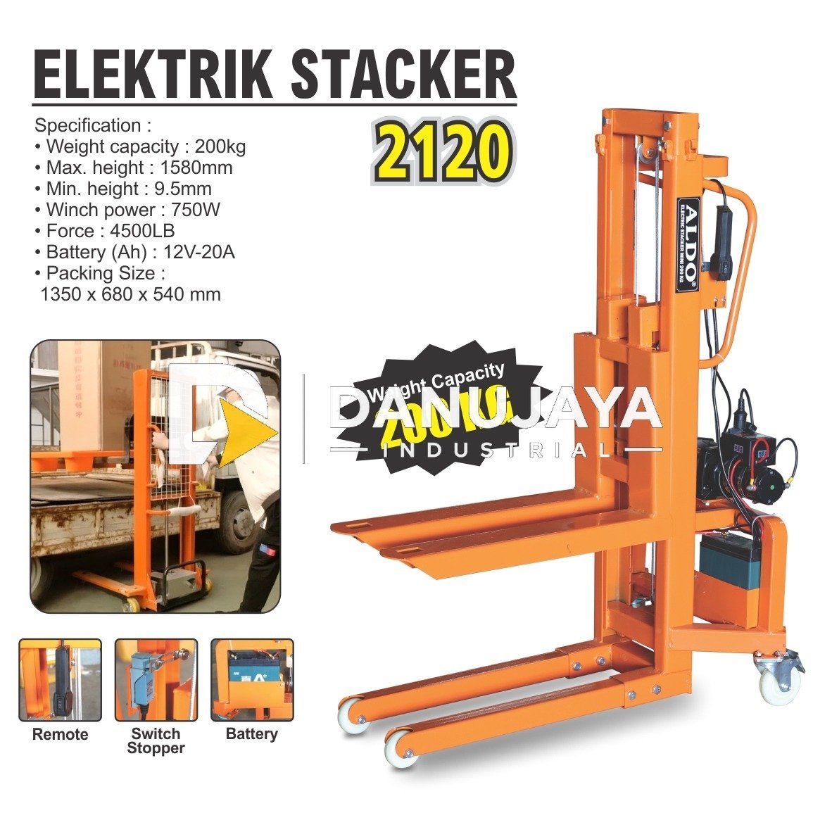 ELEKTRIK STACKER LIFT MINI 200KG 2120 / HAND STACKER ELEKTRIK / FORKLIFT ELEKTRIC HAND STACKER / ALAT ANGKAT BARANG ELEKTRIK MERK ALDO