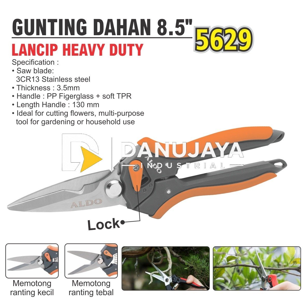 GUNTING DAHAN 8.5" LANCIP HEAVY DUTY 5629 / PRUNING SHEARS HEAVY DUTY / GUNTING RANTING TAMAN BUNGA TANAMAN / ALAT POTONG PEMOTONG RANTING DAHAN MERK ALDO
