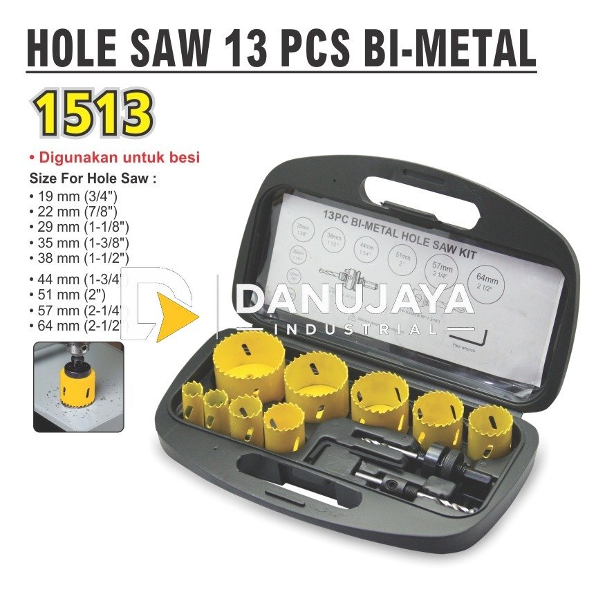 HOLE SAW / MATA BOR PELUBANG BESI 13 PCS BI-METAL TYPE : 1513 ALDO