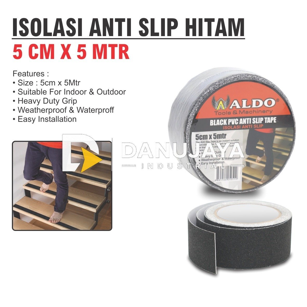 ISOLASI ANTI SLIP HITAM 5 CM X 5 METER / BLACK PVC ANTI SLIP TAPE / LAKBAN LANTAI ANTI SLIP TANGGA/ LAKBAN ANTI LICIN HITAM MERK ALDO