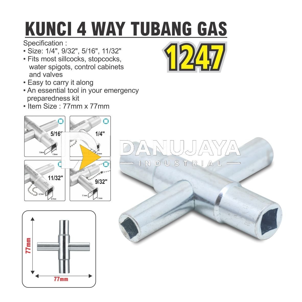 KUNCI 4 WAY TABUNG GAS 1247 / KUNCI SOK 4 UKURAN / 4 WAY SILCOCK KEY / KUNCI TABUNG 4 WAY OXYGEN / 4 WAY LUG WRENCH MERK ALDO