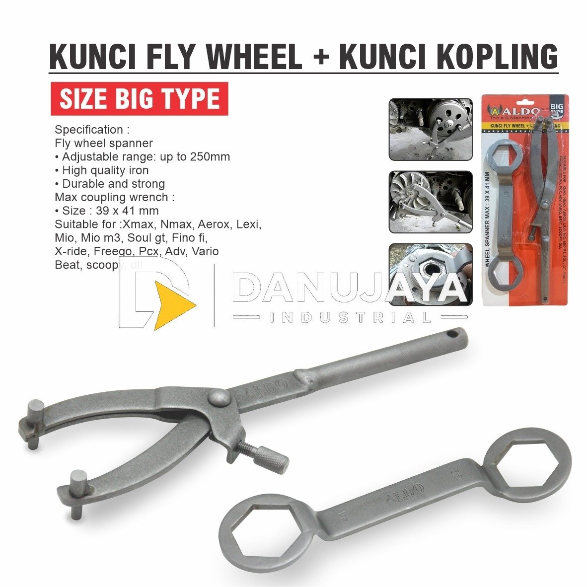 KUNCI FLY WHEEL + KUNCI KOPLING / FLY WHEEL SPANNER + MAX COUPLING WRENCH / PENAHAN KOPLING + KUNCI CVT / TREKER CVT MATIC & KUNCI KOPLING BLOK MESIN MERK ALDO