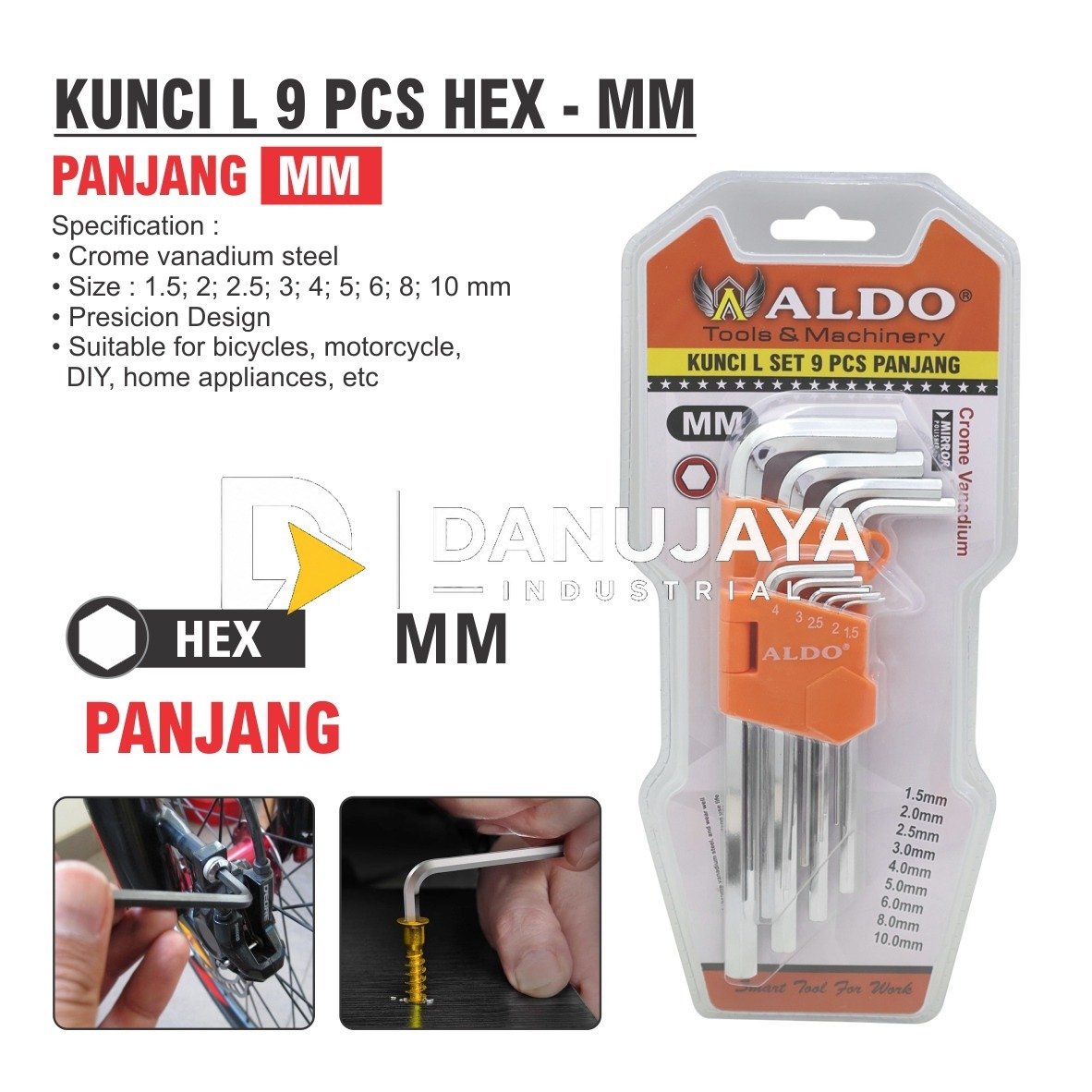 KUNCI L 9 PCS BALL EXTRA PANJANG HEX BAL 098BLL MERK ALDO