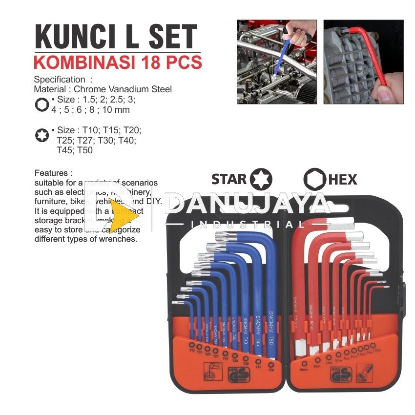 KUNCI L SET KOMBINASI 18 PCS BIRU MERAH / COMBINATION HEX TORX KEY SET MERK ALDO