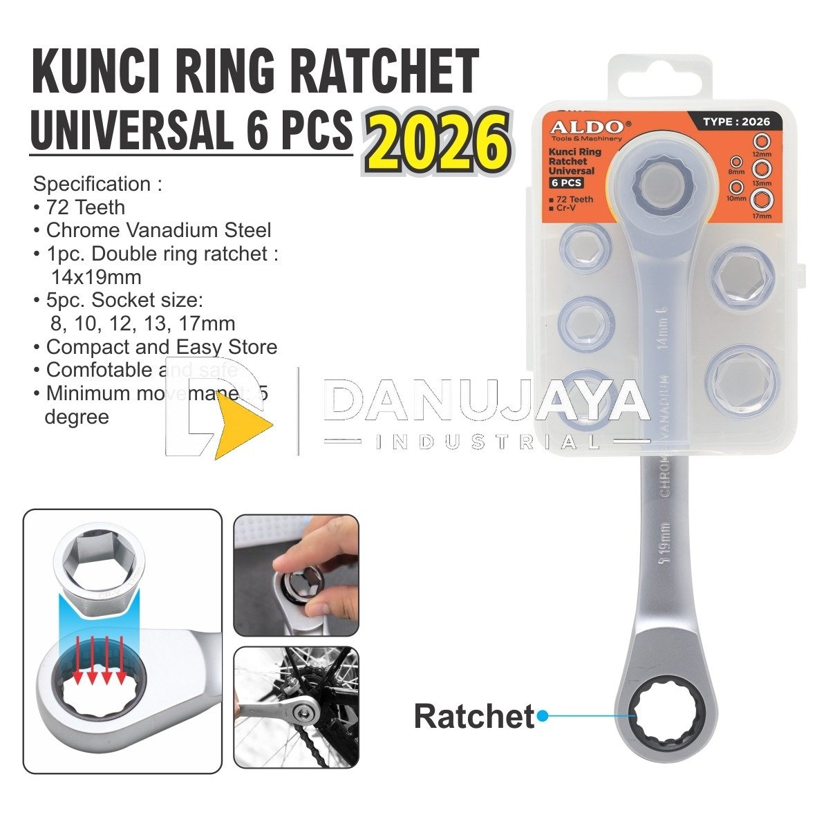 KUNCI RING RATCHET UNIVERSAL 6 PCS 2026 / UNIVERSAL SOCKET SET WITH REVERSIBLE RATCHET MERK ALDO