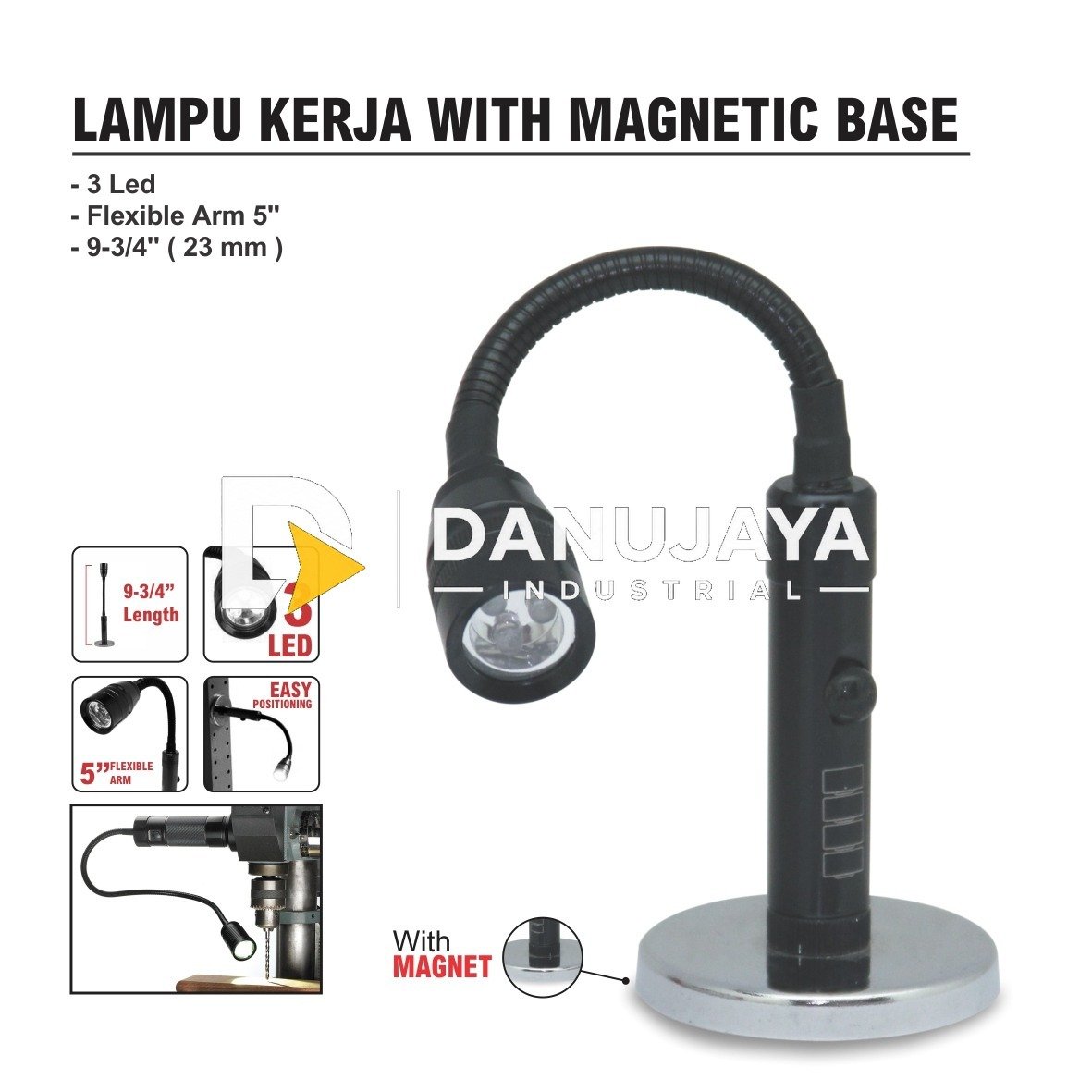 LAMPU KERJA FLEKSIBEL + PIJAKAN MAGNET (3 LAMPU LED) - MERK ALDO