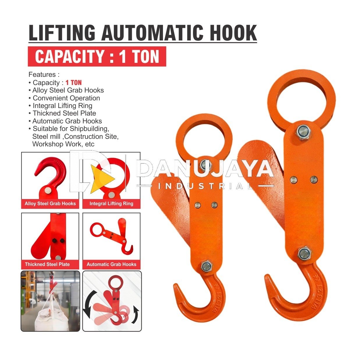 LIFTING AUTOMATIC HOOK / AUTOMATIC DISENGAGING LIFTING HOOK / TON BAG HOOK / HOIST HOOK LIFTING MERK / ALAT LIFTING HOOK ANGKAT BEBAN ALDO