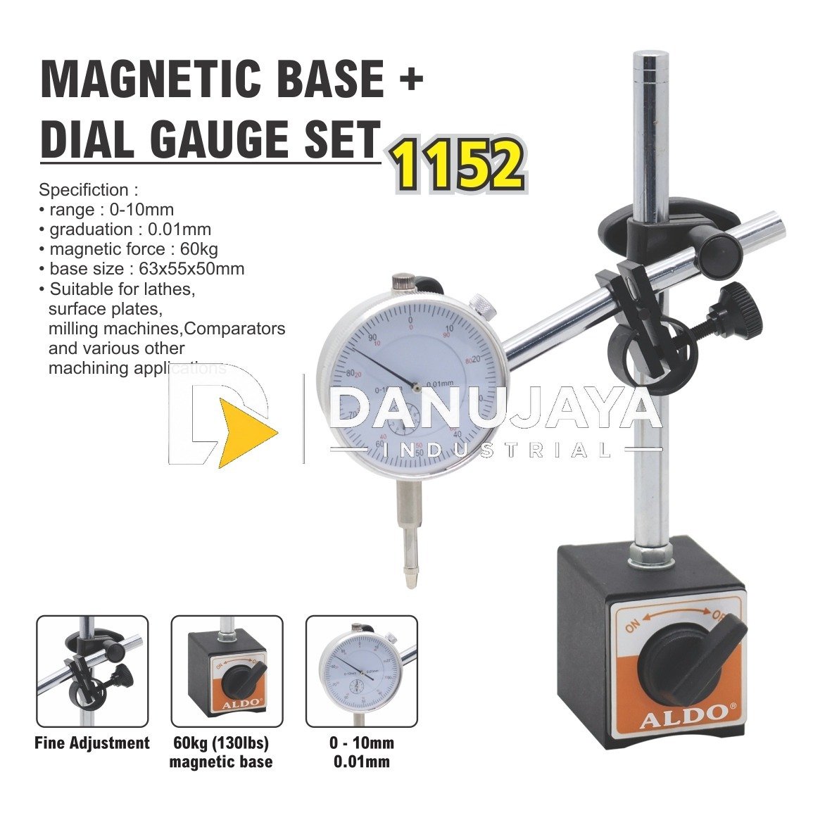 MAGNETIC BASE + DIAL GAUGE SET 1152 / DIAL INDICATOR WITH MAGNETIC BASE / DUDUKAN INDIKATOR SET ALAT UKUR DIMENSI / INDICATOR STAND BASE PICT STANG TEST MERK ALDO