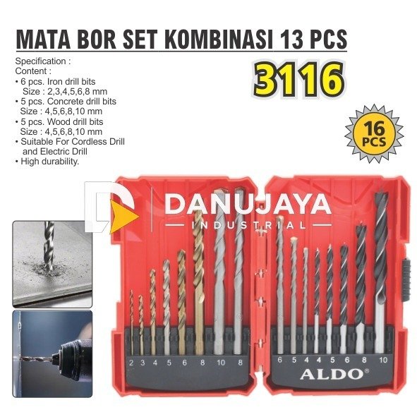 MATA BOR SET KOMBINASI 16 PCS 3116 / MIXED DRILL BIT SET MERK ALDO