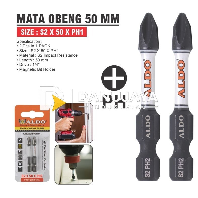 MATA OBENG 50 MM 2 PCS D2 - PZ2 ( POZIDRIV ) / MATA BOR OBENG ANGIN / SCREWDRIVER BITS / MATA OBENG ANGIN MAGNET MERK ALDO