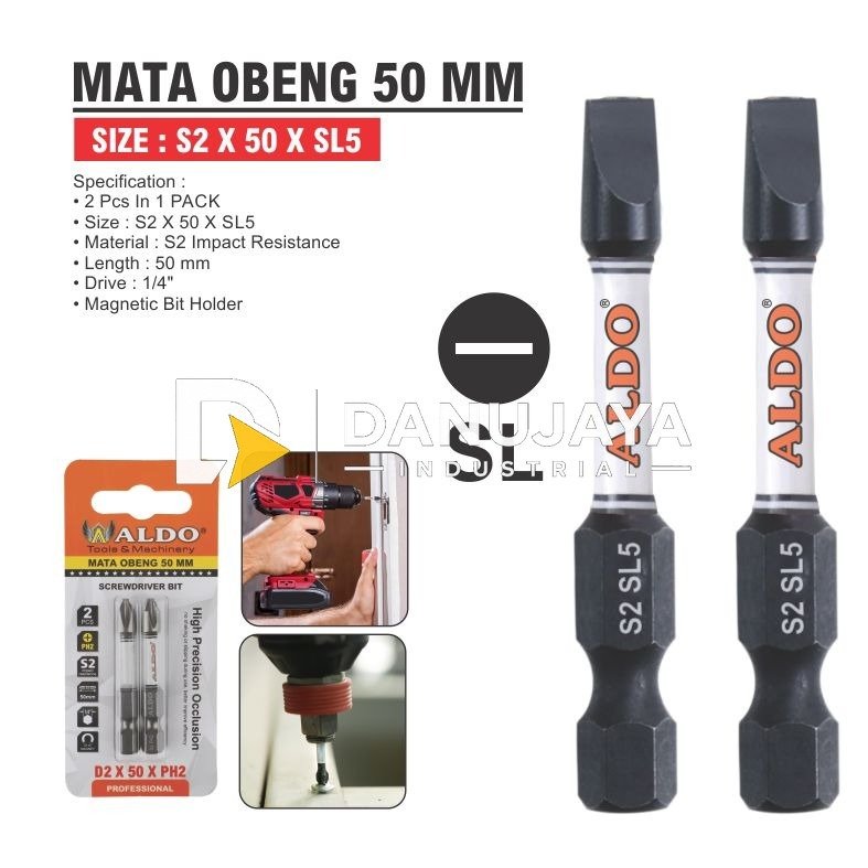 MATA OBENG 50 MM 2 PCS D2 - SL ( SLOTED ) / MATA BOR OBENG ANGIN / SCREWDRIVER BITS / MATA OBENG ANGIN MAGNET MERK ALDO