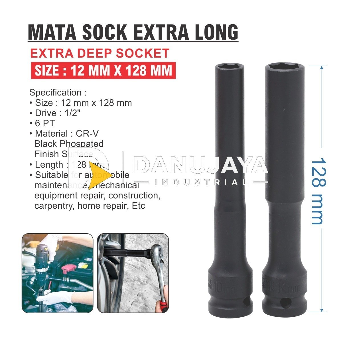 MATA SOK EXTRA LONG 1/2" DRV / MATA SOCK EXTRA LONG LENGTH 128 MM/ EXTRA DEEP SOCKET / MATA KUNCI SHOCK / HEAD SOCK ADAPTER / KEPALA MATA SHOCK PANJANG MERK ALDO