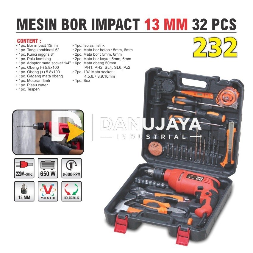 MESIN BOR IMPACT 13MM SET 32 PCS 232 / IMPACT DRILL KIT SET MERK ALDO