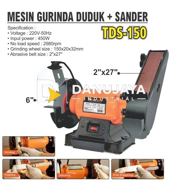 MESIN GURINDA DUDUK + SANDER TDS-150 / BENCH GRINDER WITH BELT SANDER / MESIN GERINDA DUDUK DAN AMPLAS BELT SANDER MERK ALDO