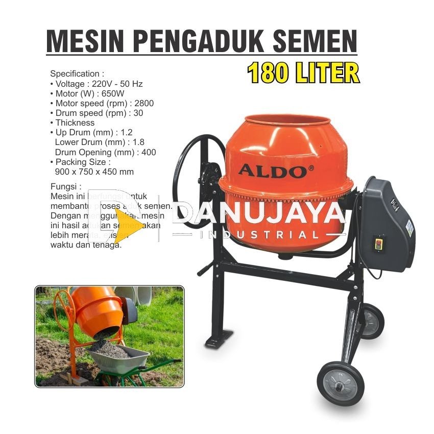 MESIN PENGADUK SEMEN ELEKTRIK 180 LITER / MESIN SEMEN MOLEN LISTRIK / ELECTRIC CONCRETE MIXER MERK ALDO