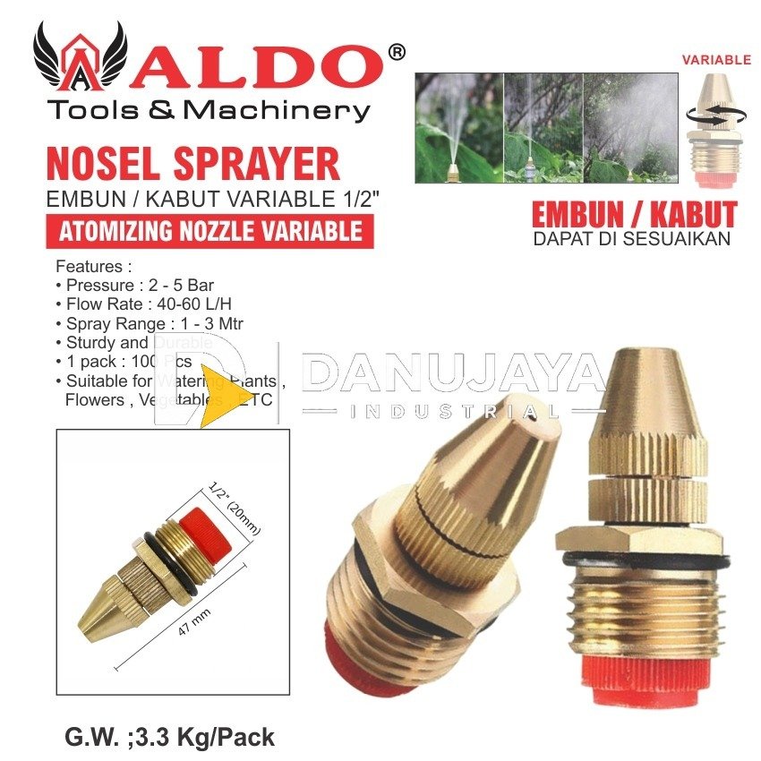 NOSEL SPRAYER EMBUN KABUT VARIABLE 1/2" / ATOMIZING NOZZLE VARIABLE / SEPUYER AIR / NOZZLE PENYIRAM TAMAN MERK ALDO