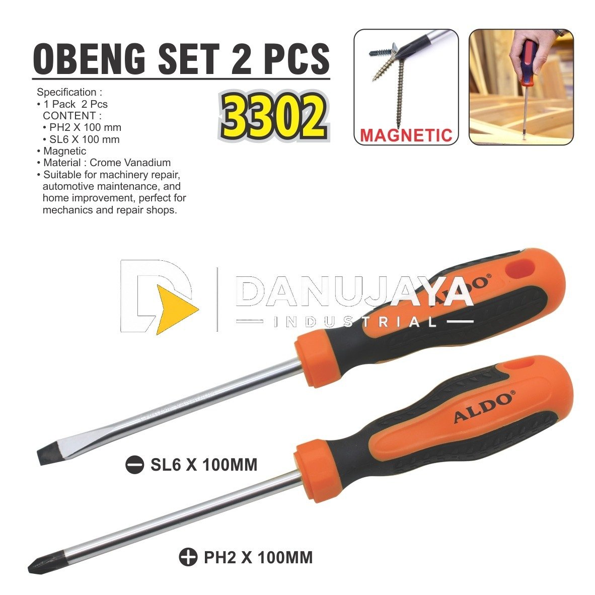 OBENG SET 2 PCS 3302 / SCREWDRIVER SET / OBENG PLUS DAN MIN 1 SET 100 MM / OBENG MAGNET GAGANG KARET MERK ALDO