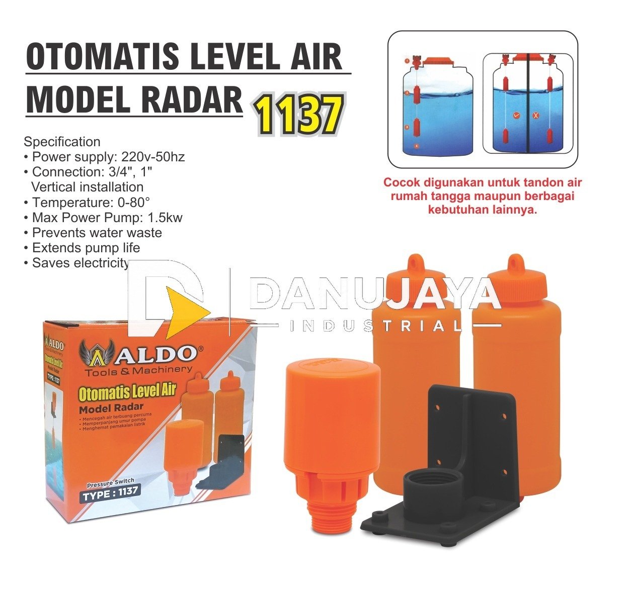 OTOMATIS LEVEL AIR MODEL RADAR 1137 / PRESSURE SWITCH / RADAR TOREN / PELAMPUNG AIR TANDON / PELAMPUNG OTOMATIS TOREN MERK ALDO