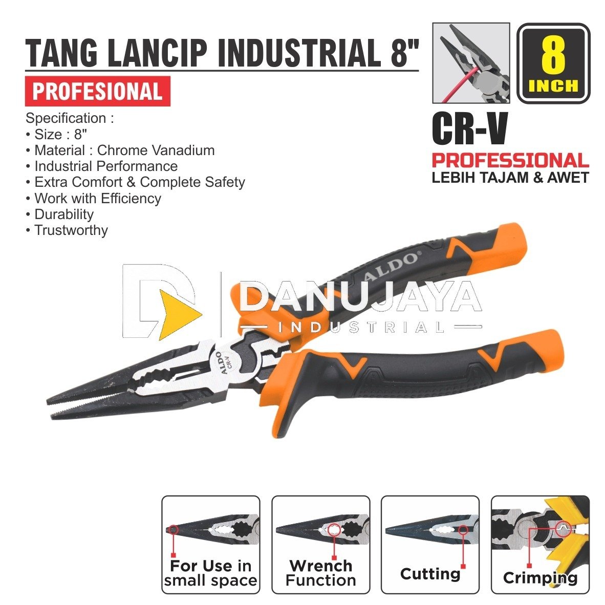 TANG LANCIP INDUSTRIAL 8" PROFESSIONAL / INDUSTRIAL LONG NOSE PLIER / TANG LANCIP TAJAM KUAT MERK ALDO