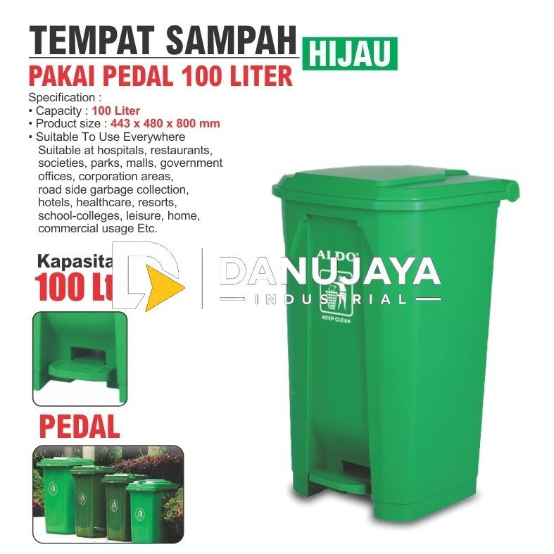 TEMPAT SAMPAH PAKAI RODA 100 LITER HIJAU / PLASTIC DUSTBIN / TEMPAT SAMPAH PLASTIK PEDAL MERK ALDO