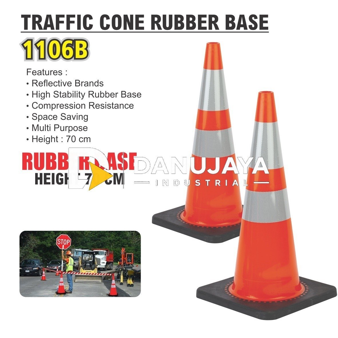 TRAFFIC CONE 70 CM RUBBER BASE 1106B / KERUCUT LALU LINTAS MERK ALDO