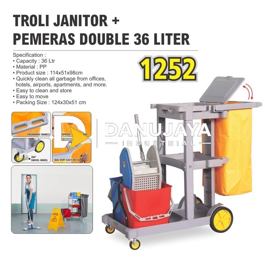 TROLI JANITOR + PEMERAS DOUBLE 36LTR 1252 / MULTIPURPOSE CLEANING CART WITH COVER 36LTR / GEROBAK ALAT KEBERSIHAN / TROLLEY ALAT KEBERSIHAN HOUSKEPING MERK ALDO