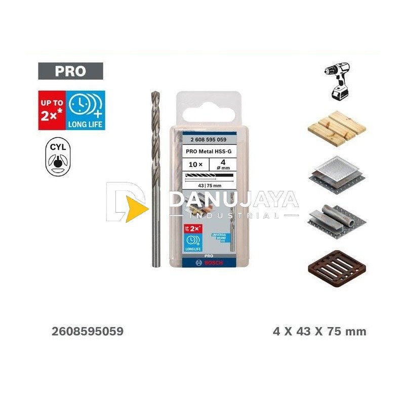 BOSCH Set Mata Bor Besi PRO Metal HSS-G 10 Pcs (4x43x75mm) - Twist Drill Bit Pack | Paket Mata Bor Puntir Ulir Besi Stainless, Cocok untuk Rotary Drill - 2608595059