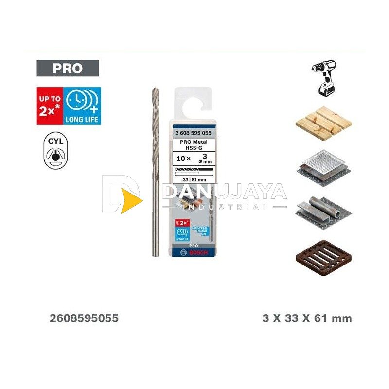 BOSCH Set Mata Bor Besi PRO Metal HSS-G 10 Pcs (3x33x61mm) - Twist Drill Bit Pack | Paket Mata Bor Puntir Ulir Besi Stainless, Cocok untuk Rotary Drill - 2608595055