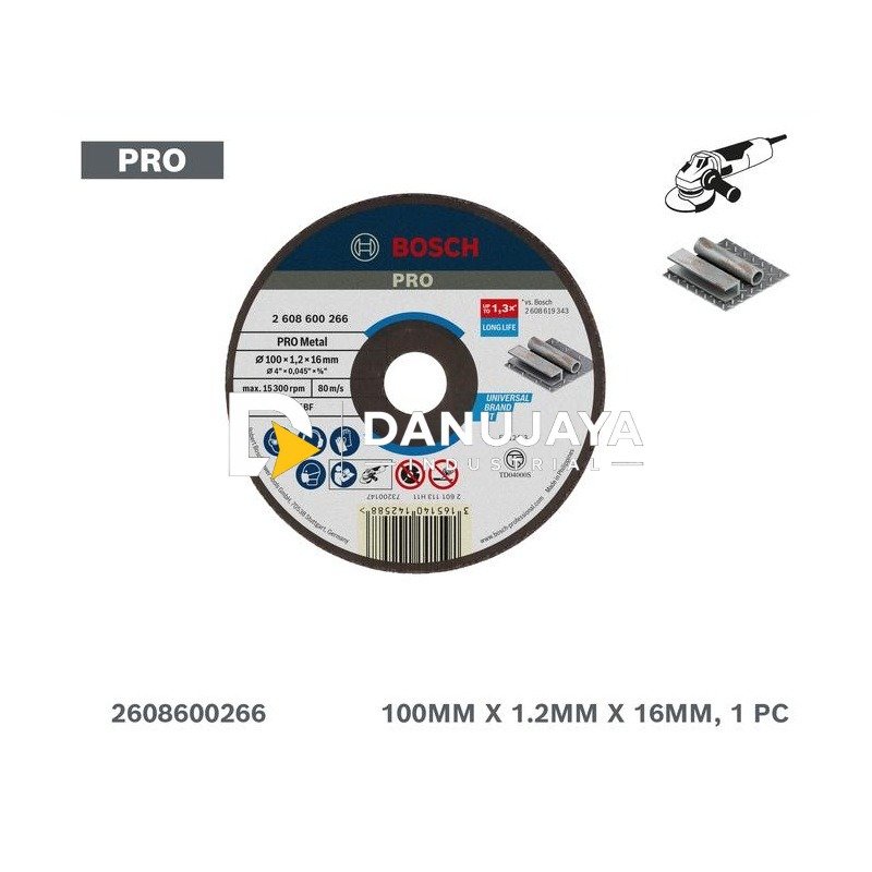BOSCH Mata Gerinda Potong untuk Besi 4" (1,2x16mm) - Grinding Disc PRO Metal A60TBF | Batu Gerinda Cakram Pemotong Besi Baja untuk Angle Grinder - 2608600266