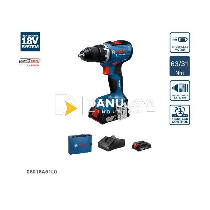 BOSCH PRO GSR 18V-65 Bor Obeng Brushless 18V 13 mm + 2 Baterai GBA 18V 2.0Ah + Charger - 06019N30K0