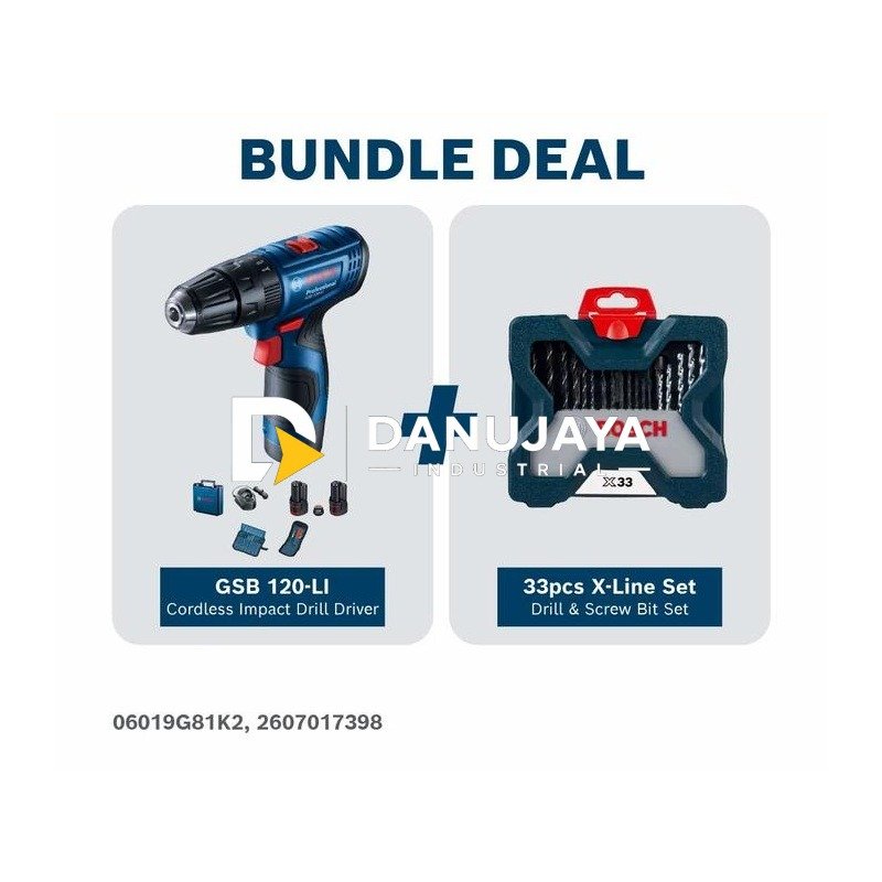 [BUNDLE] BOSCH PRO Mesin Bor Impact Baterai GSB 120-LI + Set Mata Bor Obeng 33 Pcs X-Line | Paket Bor Tanpa Kabel dan Aksesoris - Garansi Resmi - 06019G81K2 2607017398