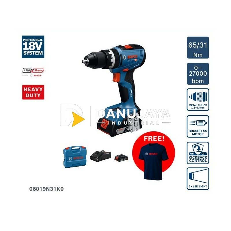 BOSCH PRO Mesin Bor Impact Baterai - Impact Drill Cordless GSB 18V-65 | Bor Tanpa Kabel untuk Kayu Logam Tembok - Garansi Resmi - 06019N31K0