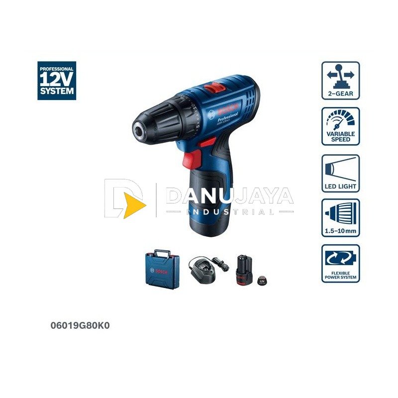 BOSCH PRO Mesin Bor Tangan Baterai - Cordless Drill Driver 12V GSR 120-LI | Bor Tanpa Kabel untuk Kayu Logam Plastik pada Area Kecil - Garansi Resmi - 06019G80K0