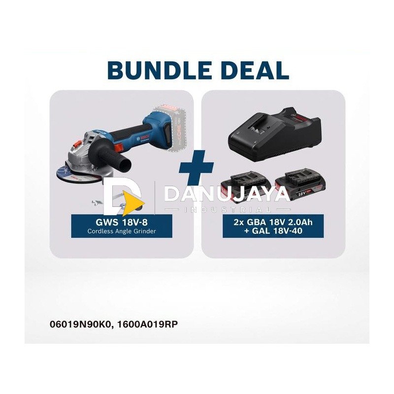 [BUNDLE] BOSCH PRO GWS 18V-8 Gerinda Sudut Brushless 18V 4" + 2 Baterai GBA 18V 2.0Ah + Charger GAL 18V-40 + Carrying Case 06019N90K0 1600A019RP