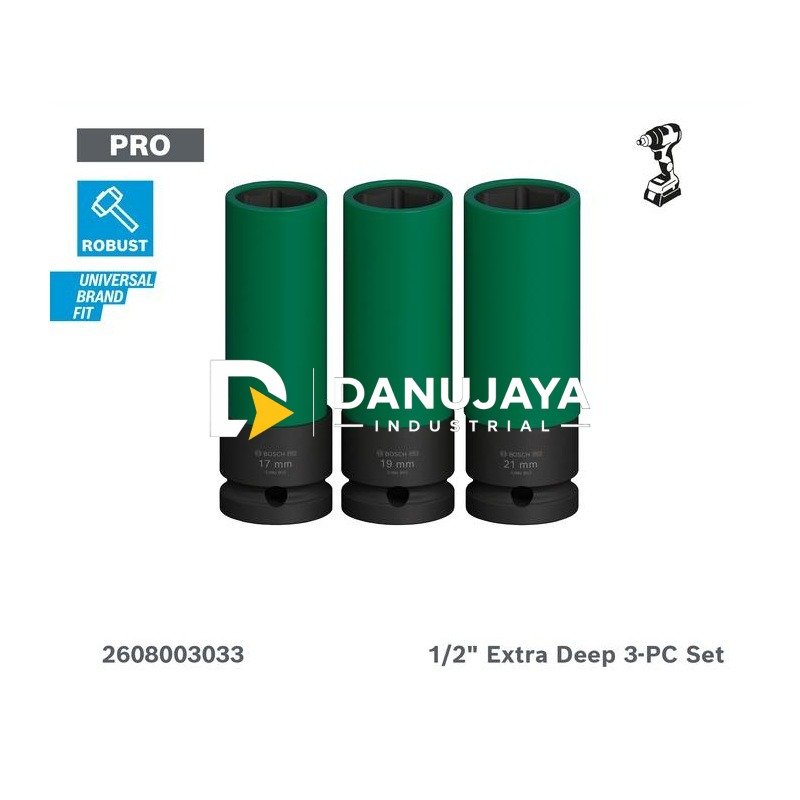 BOSCH PRO Impact Socket Set 1/2" Extra Deep 3 Pcs (17/19/21 mm) dengan PET Cover | Kunci Soket Impact - 2608003033