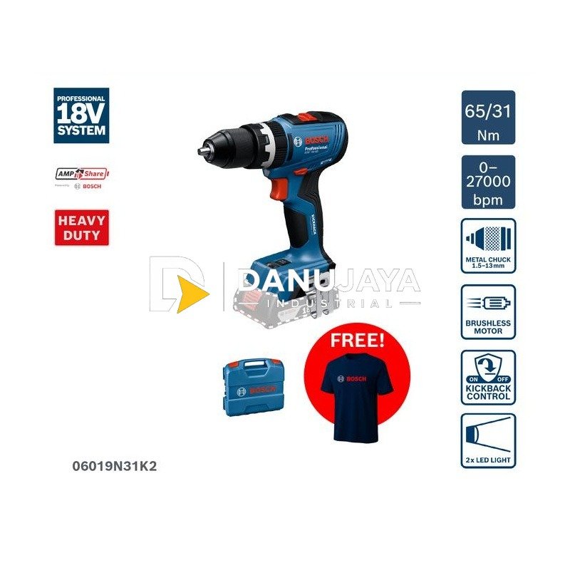 BOSCH PRO Mesin Bor Impact Baterai (Unit Only) - Impact Drill Cordless GSB 18V-65 | Bor Tanpa Kabel untuk Kayu Logam Tembok - Garansi Resmi - 06019N31K2