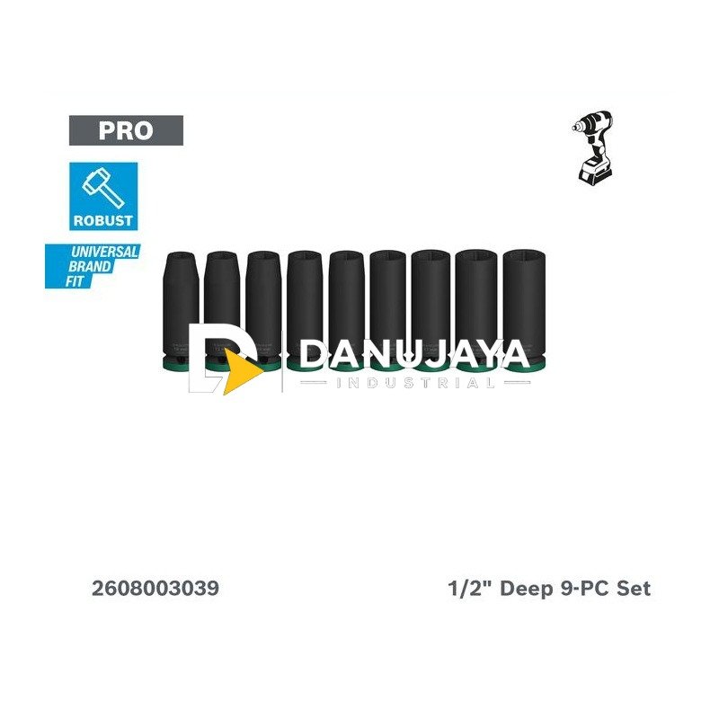 BOSCH PRO Impact Socket Set 1/2" Deep 9 Pcs (10-19 mm) | Mata Sok Panjang untuk Impact Wrench - 2608003039