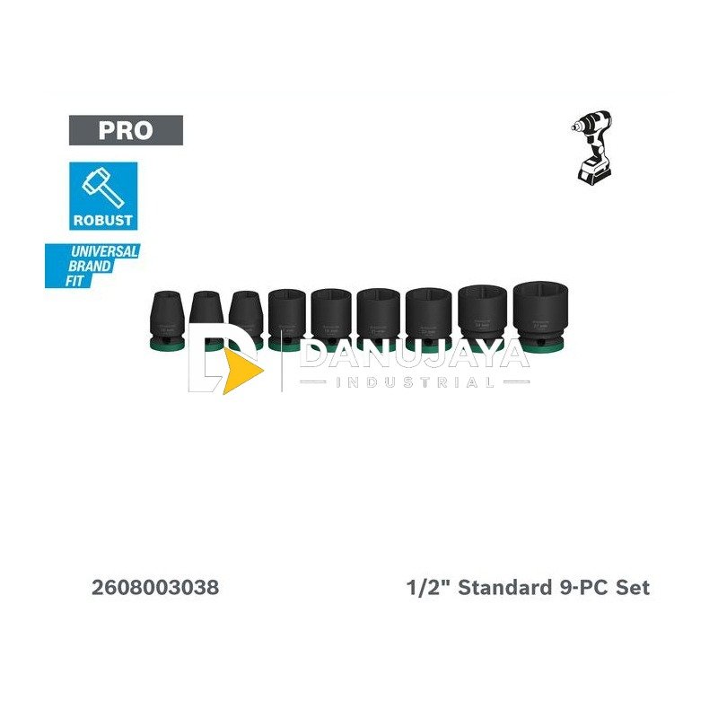 BOSCH PRO Impact Socket Set 1/2" Standard 9 Pcs (10-27 mm) | Impact Socket Set untuk Impact Wrench - 2608003038
