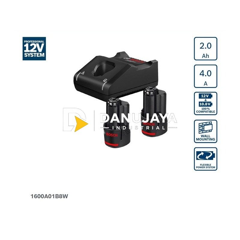 BOSCH PRO Set Baterai 12V + Pengisi Daya - Starter Set GBA 12V 2.0 Ah + GAL 12V-40 | Paket Isi Daya untuk Mesin Cordless - Garansi Resmi - 1600A01B8W