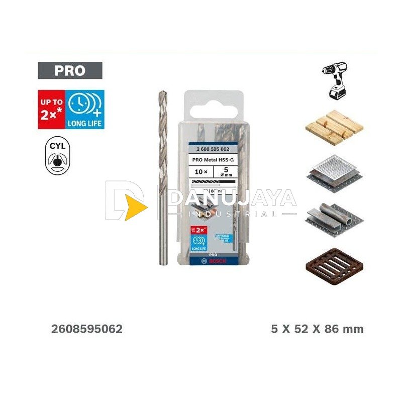 BOSCH Set Mata Bor Besi PRO Metal HSS-G 10 Pcs (5x52x86mm) - Twist Drill Bit Pack | Paket Mata Bor Puntir Ulir Besi Stainless, Cocok untuk Rotary Drill - 2608595062